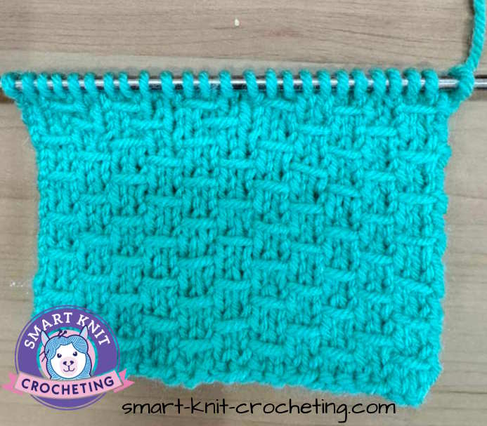 Double woven knit stitch pattern showing right side, still on needles.