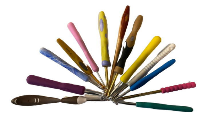 An assortment of ergonomic crochet hooks from many different manufacturers An assortment of ergonomic crochet hooks from many different manufacturers
