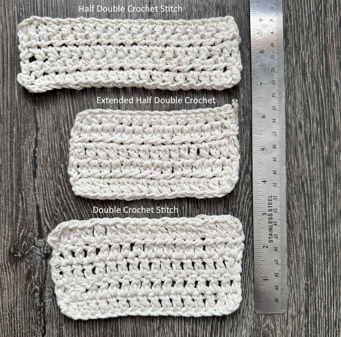 Comparison of the half double crochet, extended half double crochet and double crochet stitches