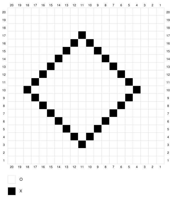 A filet crochet chart illustrating a diamond shape