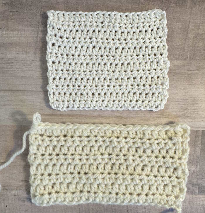 Two swatches of half double crochet stitch worked with fingering weight and worsted weight yarn