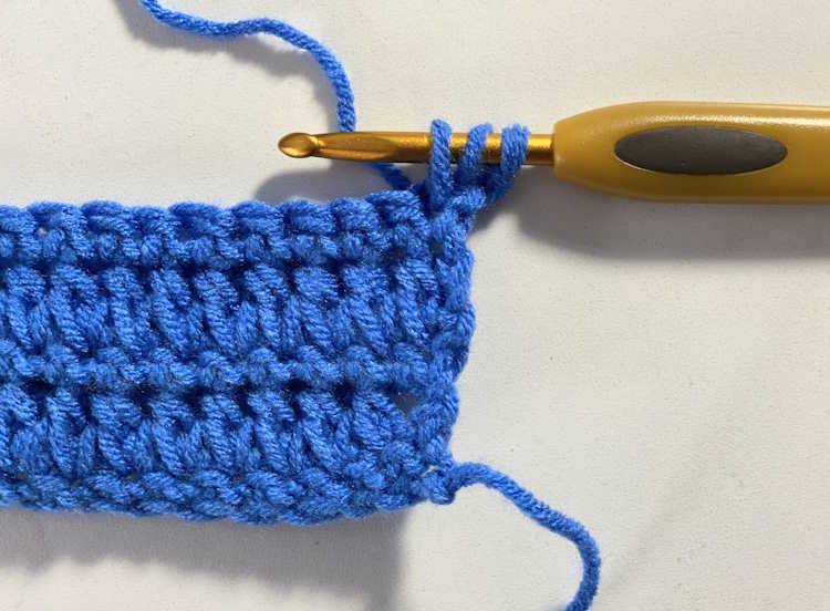 The forked half double crochet showing 3 loops on the hook.