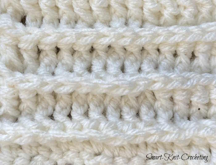 A sample of the front post double crochet stitch using white yarn