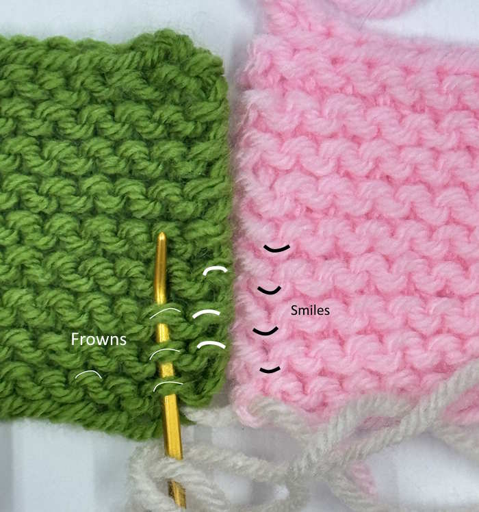 Garter mattress stitch swatch showing smiles and frowns Garter mattress stitch swatch showing smiles and frowns