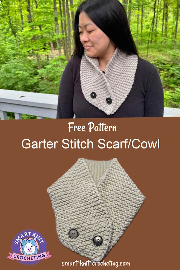A garter stitch scarf Pattern is modeled and also shown is the scarf shown flat