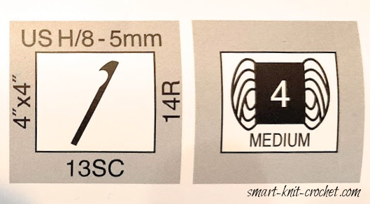 The portion of the Yarn Label describing thickness (weight) and gauge recommendations. Part of a yarn label describing the thickness of the yarn and gauge recommendation