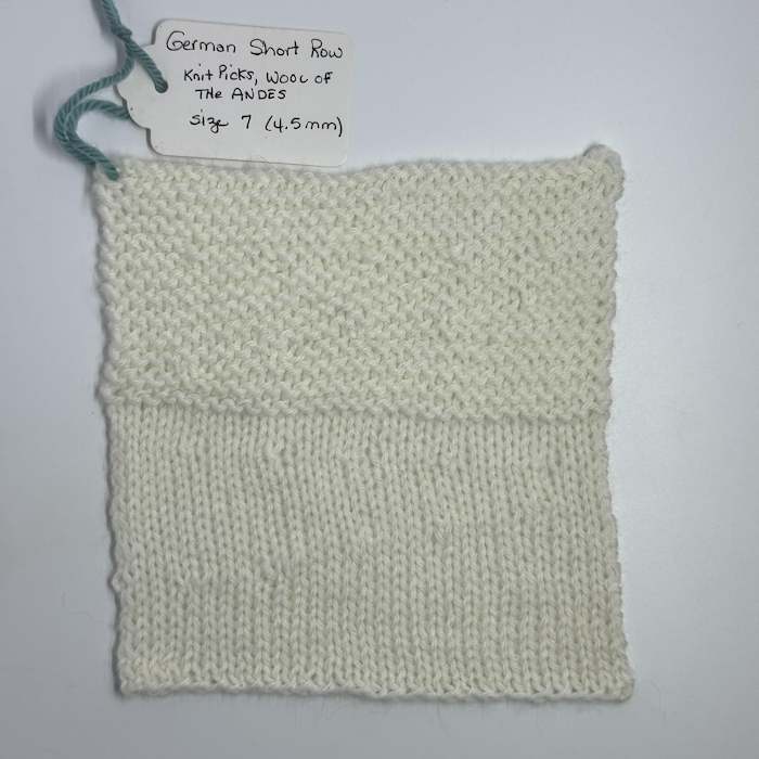 A swatch showing the German Short Row worked in stockinette and garter Stitches