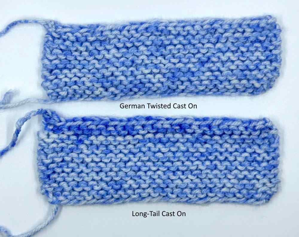 Two swatches worked in garter stitch, one using the German twisted cast on and the other one using the Longtail cast on Two swatches worked in garter stitch, one using the German twisted cast on and the other one using the Longtail cast on