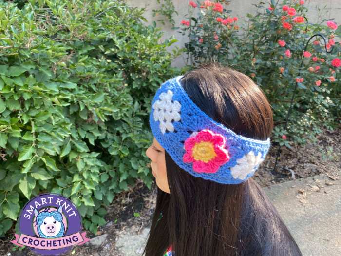 Easy, Free Granny Square Head Band Pattern Crocheted Granny Square Headband with link to the free pattern.