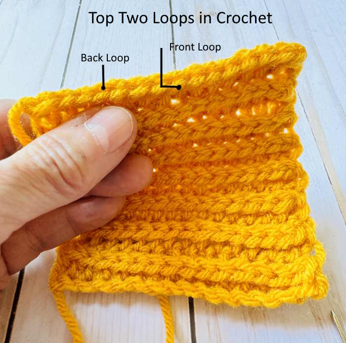 The front side of a half double crochet swatch with the front and back loops labeled