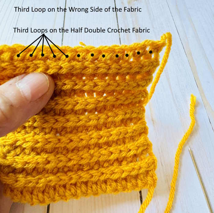 Wrong side of a half double crochet slip stitch ribbing pointing out the third loop