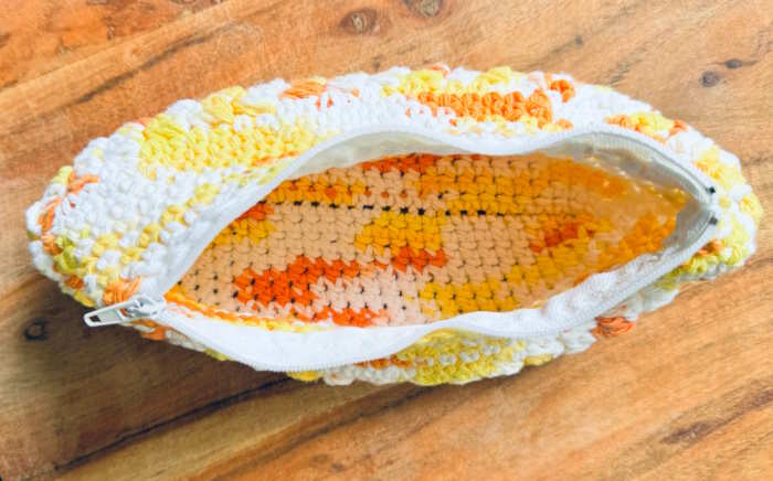 The Half double crochet cluster bag shown open