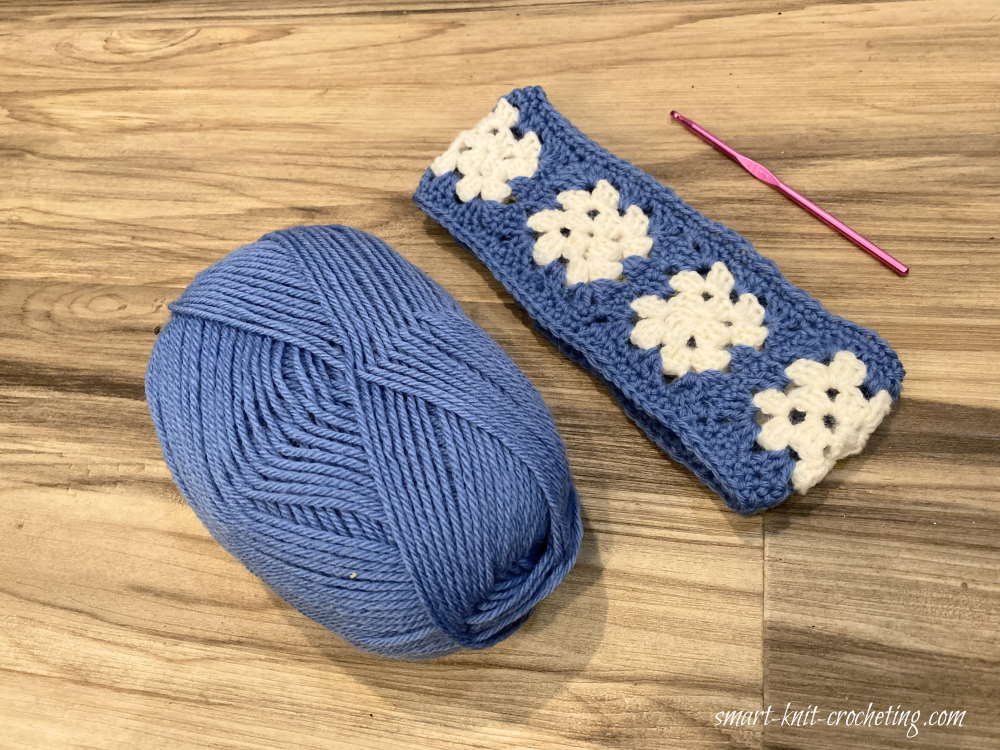 Granny Square Headband created in blue and white wool