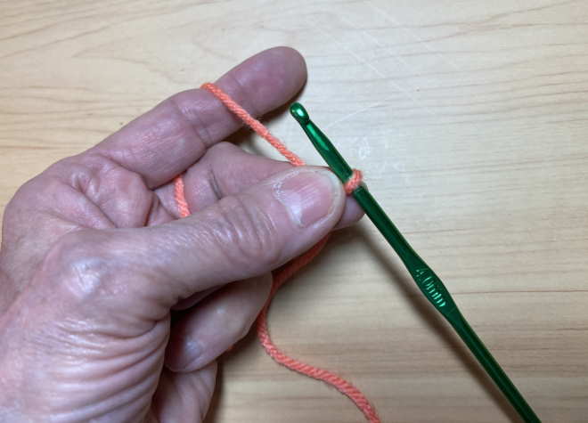 Holding the yarn and hook ready to begin crocheting.