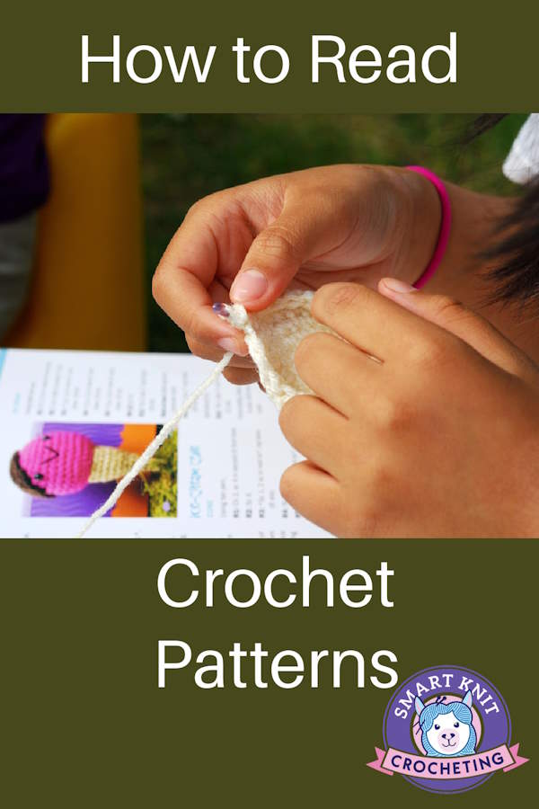 How to read crochet patterns pin image showing a crocheter and written instructions