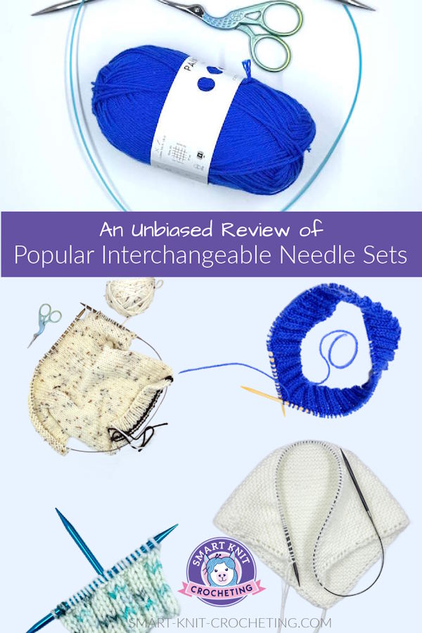 An assortment of interchangeable needles with work still on the needles, pin image
