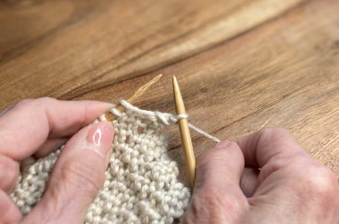 Step 4 tutorial for the knit two together knit decrease.