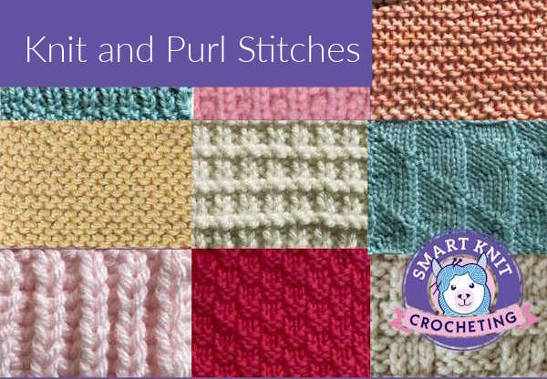 A collage of knit and purl stitch swatches worked in various colors