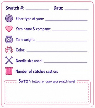 A sample of what information to include in a knit swatch record A sample of what information to include in a knit swatch record