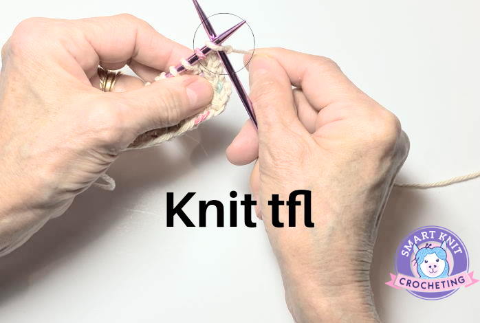 Two hands demonstrating how to knit through the front loop (tfl) Two hands demonstrating how to knit through the front loop (tfl)