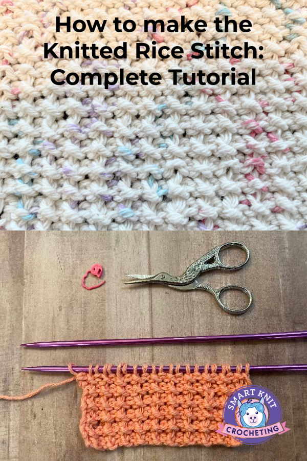Knitted rice stitch pin shows closeup and pattern still on straight knitting needles Knitted rice stitch pin shows closeup and pattern still on straight knitting needles