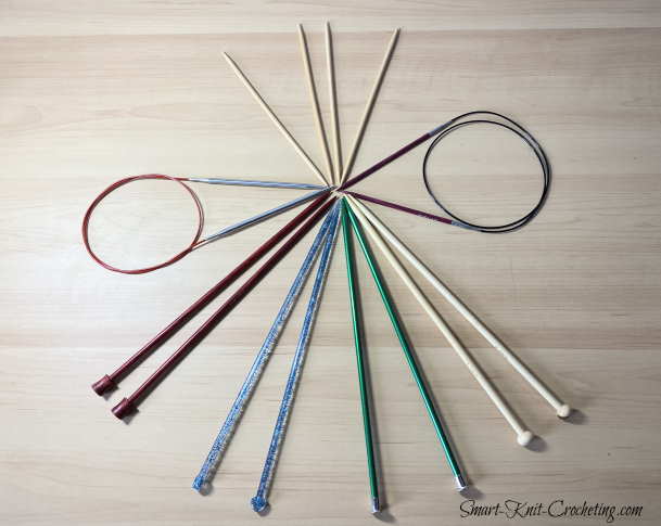 Types of knitting needles: wood, bamboo, plastic, steel, dpn, and circular needles