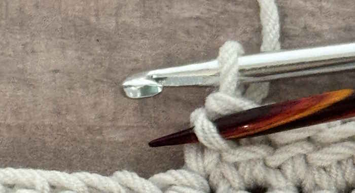 Linked half double crochet stitch with a needle inserted under the hook.