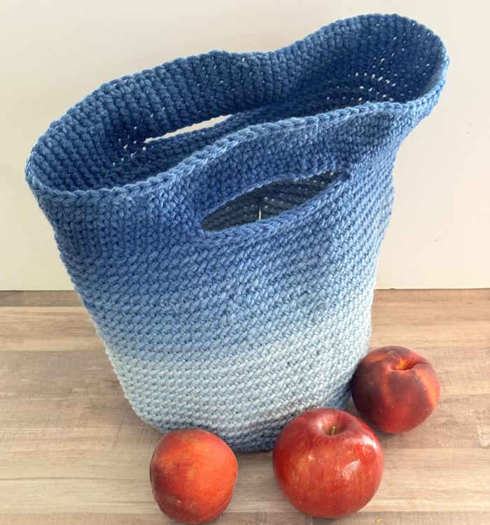 linked half double crochet market bag worked in blue ombre yarn linked half double crochet market bag worked in blue ombre yarn