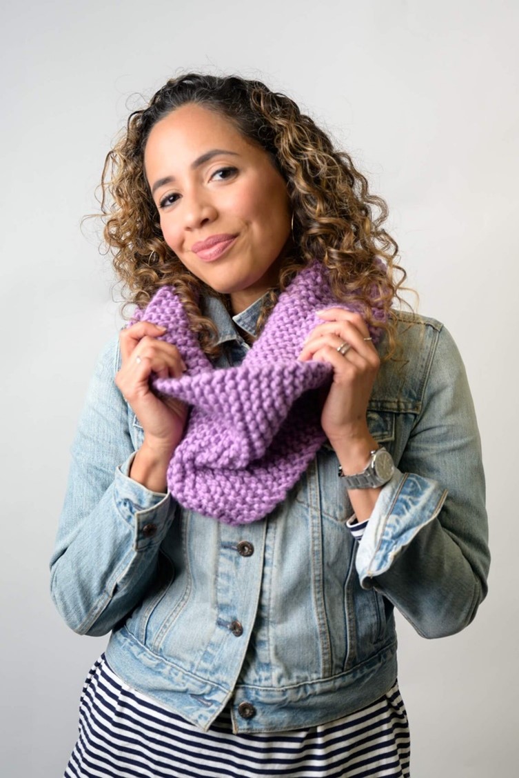 Lion Brand's instaknit cowl modeled by a young woman