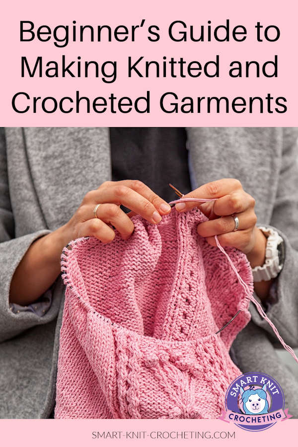 A woman is knitting a garment in pink yarn, on a pin image