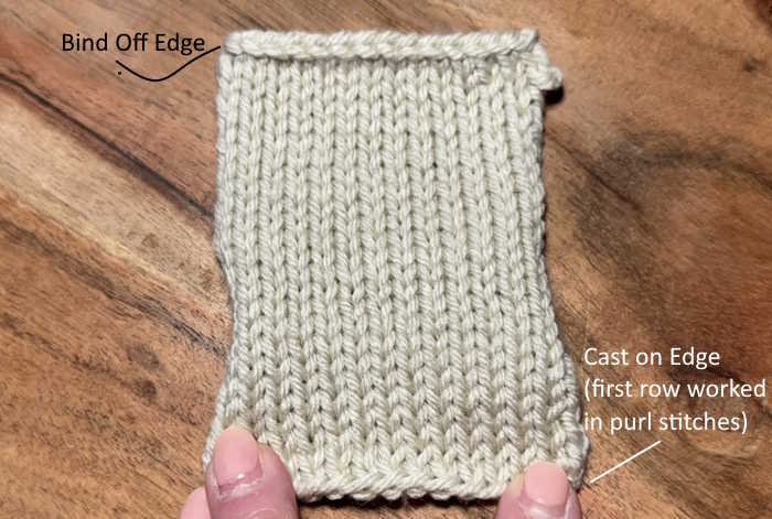 Swatch of stockinette stitch showing the cast-on and bind-off rows