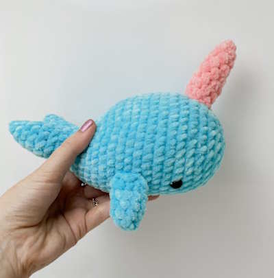 Crochet narwhal toy in blue