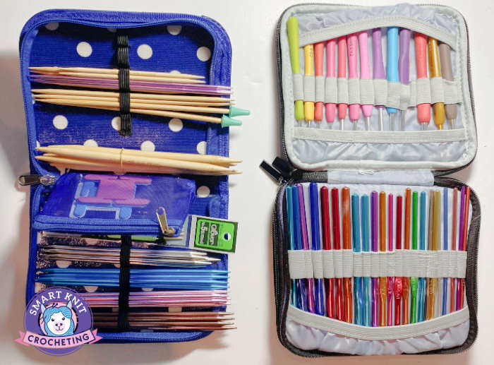 Crochet hooks are placed in a commercial hook case and double pointed needles are inserted in a crochet hook case