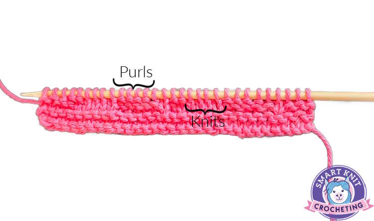 Several rows of the parallelogram knit stitch pattern with knits and purls marked