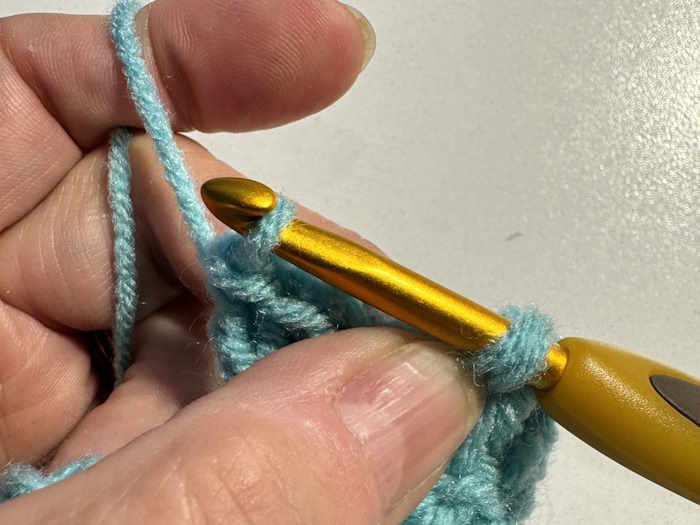 The next to last step when making the crochet popcorn stitch is to pull through the first and last loops of the popcorn