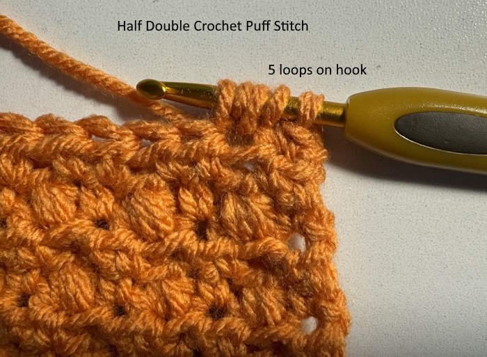 There are 5 loops on the hook as part of completing the half double crochet puff stitch. There are 5 loops on the hook as part of completing the half double crochet puff stitch.