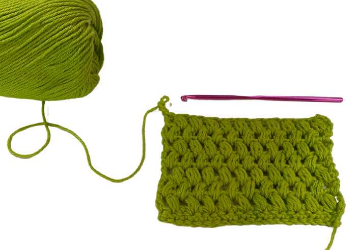 Puff stitch swatch still on the hook