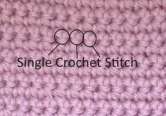 Pink swatch of single crochet stitches identifing each stitch