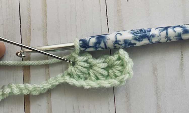 Step-by-step tutorial on how to crochet the star stitch.  Step one:  insert hook into eye of the previous star.