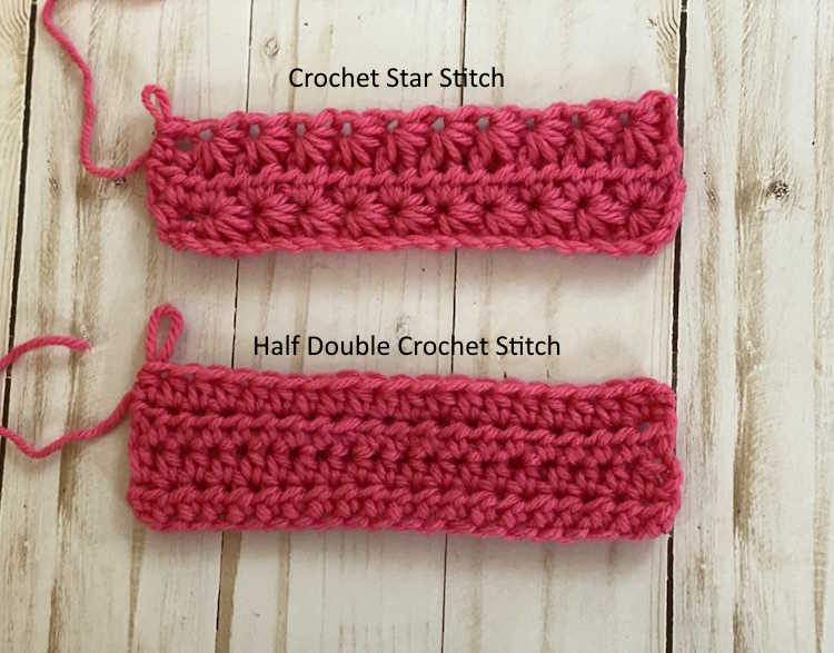 Comparison between the Crochet star stitch and the half double crochet, worked in pink yarn