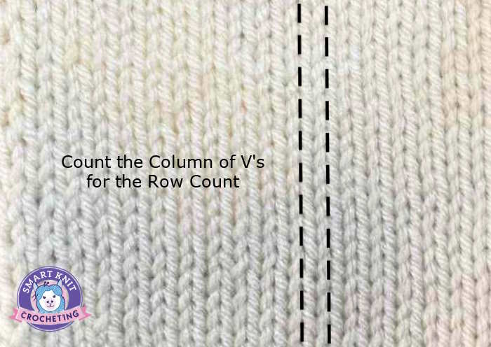 A swatch of stockinette stitch worked in white yarn marked up with where to count stitches to obtain a row count. A swatch of stockinette stitch worked in white yarn marked up with where to count stitches to obtain a row count.