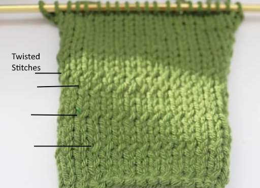 A pporly knitting swatch of stockinette fabric showing numerous examples of twisted stitches A pporly knitting swatch of stockinette fabric showing numerous examples of twisted stitches