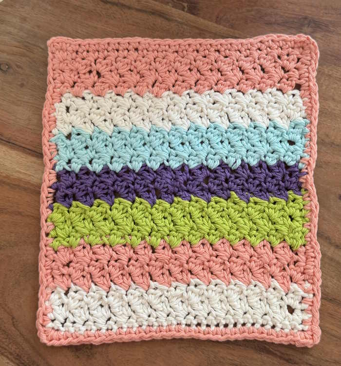 Crochet Suzette Stitch Pattern Face Cloth worked in 5 colors of 100% cotton. Crochet Suzette Stitch Pattern Face Cloth worked in 5 colors of 100% cotton.