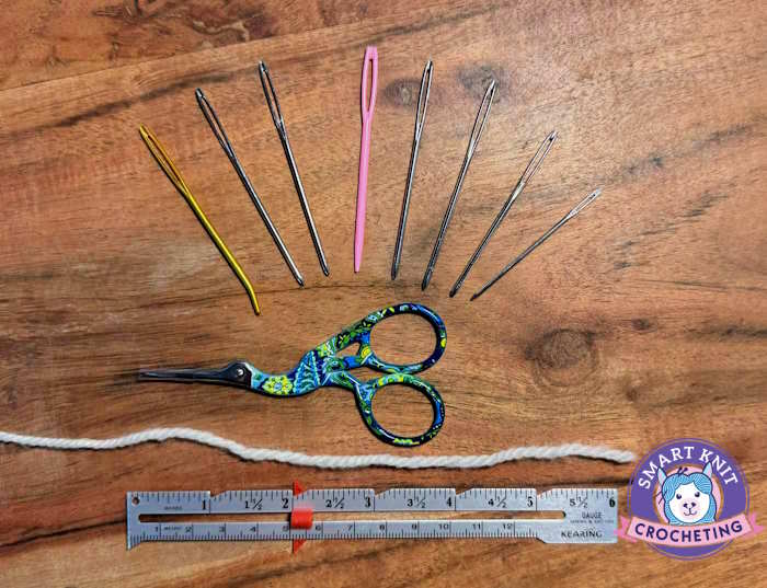 Shown are several tapestry needles, yarn, scissors and a small ruler