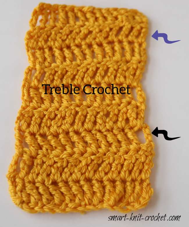 Treble crochet swatch in gold showing what not to do