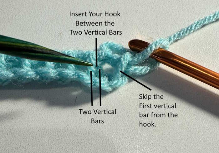 A diagram of the first forward pass of the crochet knit stitch A diagram of the first forward pass of the crochet knit stitch
