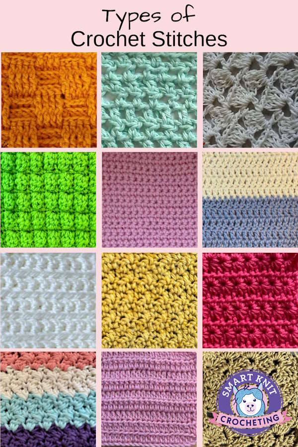 A collage of crochet stitches worked in a variety of colors