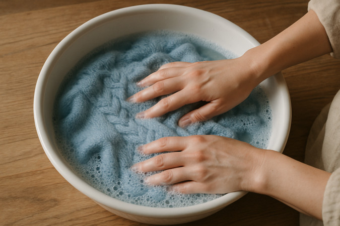 A woman is washing a wool sweater in a wash bowl