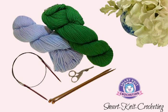 Knitting supplies: needles, scissors, tape measure, and yarn