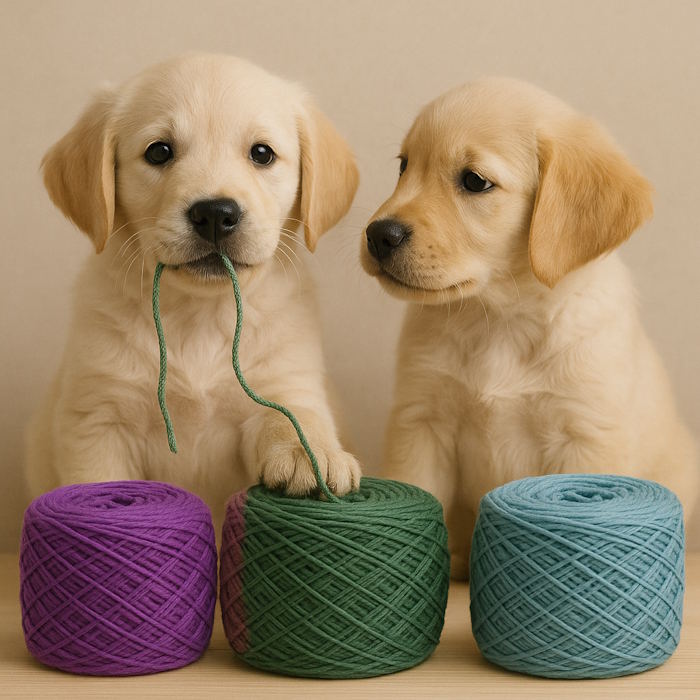 Yarn Cakes Three yarn cakes with two small puppies trying to eat the yarn.